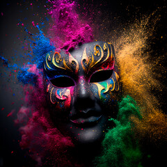 Explosion of colored powder. Carnival party. Black color mask on white black background, generative ai