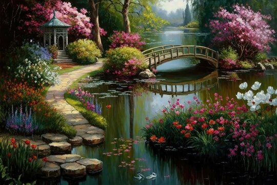 Tranquil garden scene with a small pond surrounded by vibrant flowers and a charming footbridge spanning the water. Generative AI