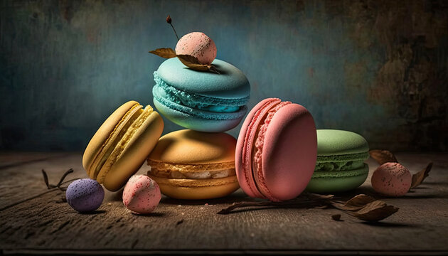 Many colorful macaroons on dark background. Sweets for any celebration. Generative AI