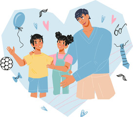 Father day card design. Happy father and children in heart shaped frame for greeting card and poster.