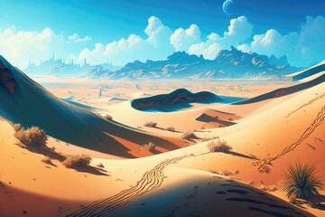 Vast desert landscape with sand dunes stretching as far as the eye can see and a bright blue sky overhead. Generative AI