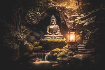 Foto op Aluminium Zen garden with buddha statue and lotus flower. Generative AI © Marc Andreu