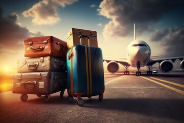 Suitcases on wheels. Color suitcases for all family. Generative AI