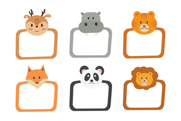 Decorative head animal vector template frames. 6 Frames animal face (deer, hippopotamus, tiger, fox, panda and lion).
