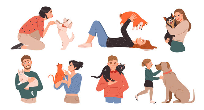 Pet owners. People with their cute pets. Men and women with cats and dogs. Cartoon vector set. - Powered by Adobe