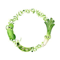 Watercolor wreath of greenery. Summer frame. Cute cucumber, leek, chickpea and garden herbs gathered in a circle. Isolated on a white background. - 572635297