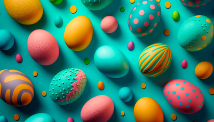 Fototapeta na wymiar Top down view of colorful Easter eggs on a blue background, generative ai