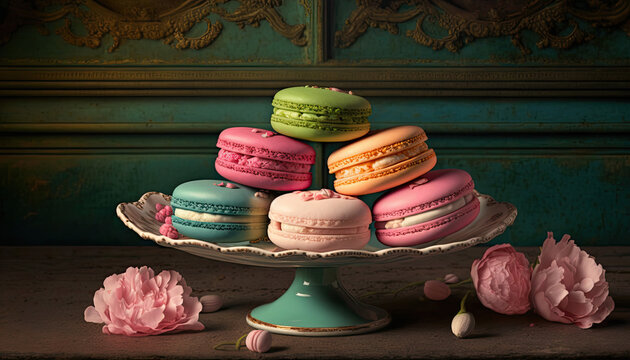 Many colorful macaroons on dark background. Sweets for any celebration. Generative AI