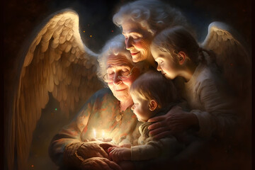grandchildren, boys and girls, reunite with the guardian grandparents, nana and papa, who are now angels in heaven, protecting their family from above