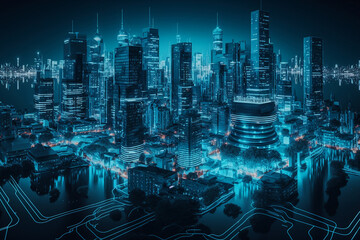 Naklejka premium Future digital technology of city scape. Generative AI
