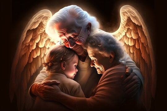 grandchildren, boys and girls, reunite with the guardian grandparents, nana and papa, who are now angels in heaven, protecting their family from above