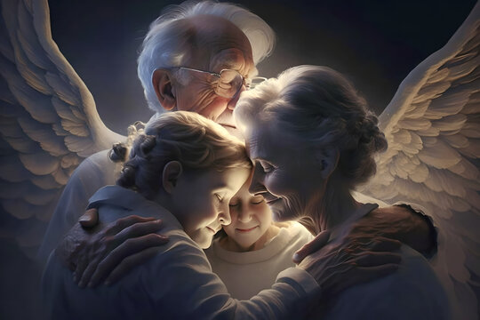 grandchildren, boys and girls, reunite with the guardian grandparents, nana and papa, who are now angels in heaven, protecting their family from above
