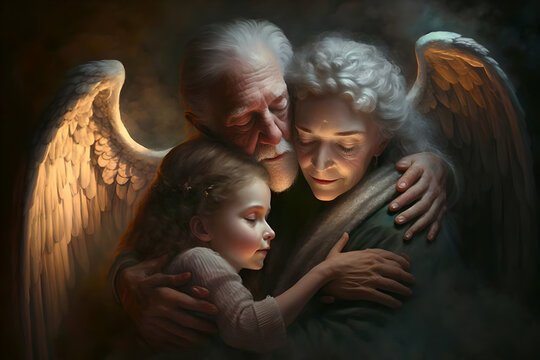 grandchildren, boys and girls, reunite with the guardian grandparents, nana and papa, who are now angels in heaven, protecting their family from above