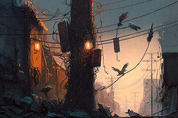 An illustration of a very crowded badly built third world street at dusk, lights are on, electricity wires everywhere, feeling of a poor neighbourhood in asia, india or malaysia