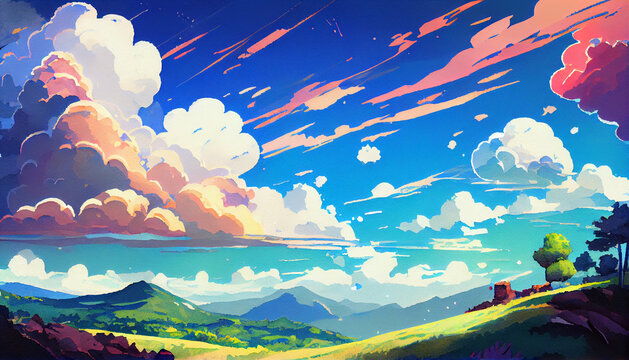 Beautiful landscape with green mountain and clouds in cartoon style. Beautiful landscape with mountain and clouds in watercolor cartoon style. Generative AI illustration