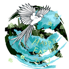 Creative print for the National Bird Day. A green planet with translucent azure clouds and the silhouette of a white exotic tropical bird. An isolated image for a fashion decor for the Happy Earth Day
