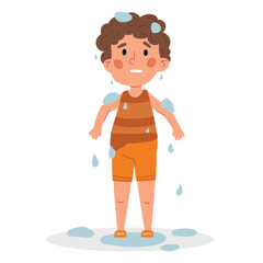Wet rainy child. Boy in bad weather wet. Cartoon vector illustration