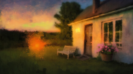 Plakat A summer evening in the countryside, seen from the porch of a rustic cottage. Generative AI.