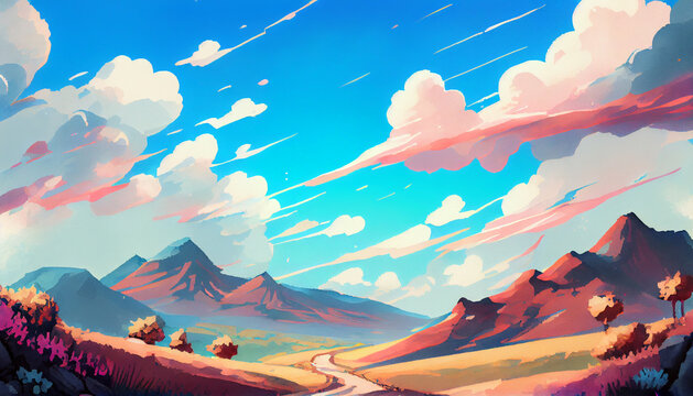Beautiful landscape with mountain and clouds in watercolor cartoon style. Generative AI illustration