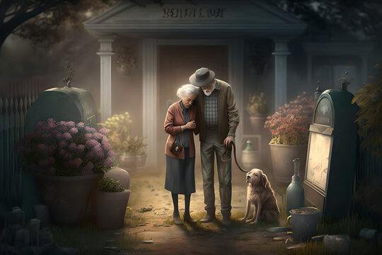 An elderly couple, senior citizens, very old and fragile, visit the grave of their loved ones, friends that passed away, sad and crying, taking comfort with their dog