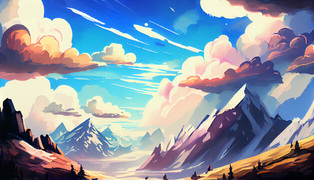 Beautiful landscape with mountain and clouds in watercolor cartoon style. Generative AI illustration