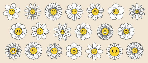 Groovy daisy flowers face collection. Retro chamomile smiles in cartoon style. Happy stickers set from 70s. Vector graphic illustration - obrazy, fototapety, plakaty
