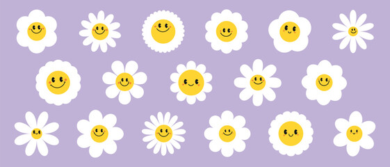 Groovy daisy flowers face collection. Retro chamomile smiles in cartoon style. Happy stickers set from 70s. Vector graphic illustration - obrazy, fototapety, plakaty