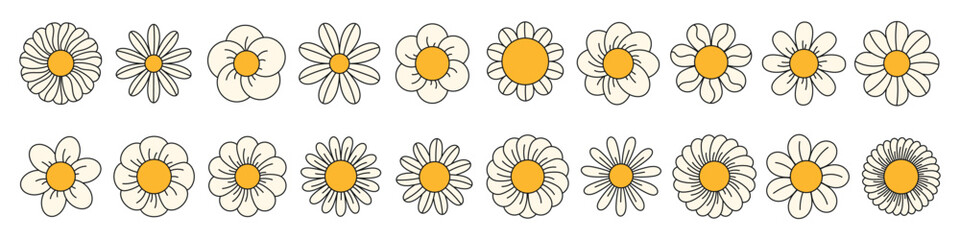 Groovy daisy flowers face collection. Retro chamomile in cartoon style. Happy stickers set from 70s. Vector graphic illustration