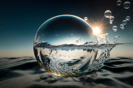 Ball of clean water suspended in the air ripples and splash with sun on the background, generative ai illustration