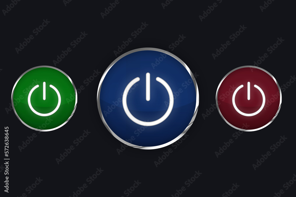 Poster three push power button with glowing lights and empty copy space, restart or business concept backdr
