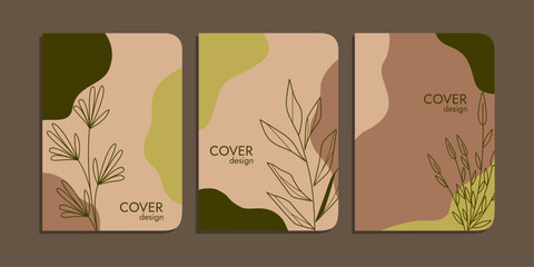 set of book cover designs with hand drawn floral decorations. abstract boho botanical background A4 size brown pastel color For book, binder, diary, planner, brochure, notebook, catalog