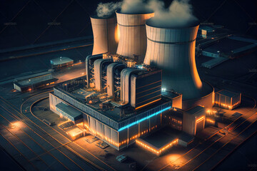 Night View of the thermonuclear power plant for fusion power generation that powers an imaginary super-future city. Generative Ai