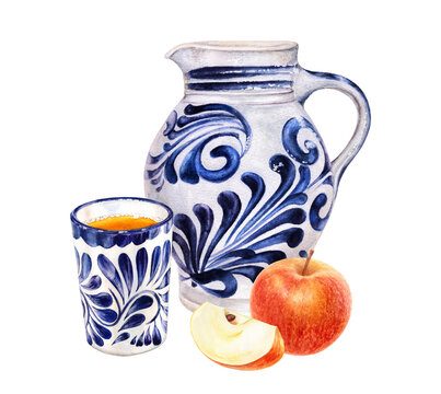 Watercolor illustration of traditional apple wine in a ceramic mug and a jug of wine and apples isolated on white background. 