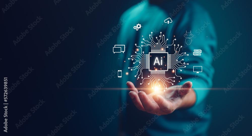 Poster Ai technology, Artificial Intelligence. man using technology smart robot AI, artificial intelligence by enter command prompt for generates something, Futuristic technology transformation. Chat with AI