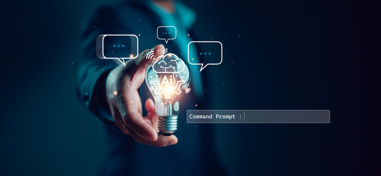 Ai technology, Artificial Intelligence. man using technology smart robot AI, artificial intelligence by enter command prompt for generates something, Futuristic technology transformation. Chat with AI