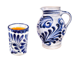 Watercolor illustration of traditional apple wine in a ceramic mug and a jug of wine isolated on white background. German apple wine in an old jug and ceramic mug for cider.