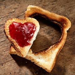 Heart shaped slice of breadwith jam on wood