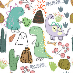 Baby seamless pattern with cute dinosaurus, plants, cactus, mountains. Creative vector childish background for fabric, textile, nursery wallpaper. Vector Illustration.