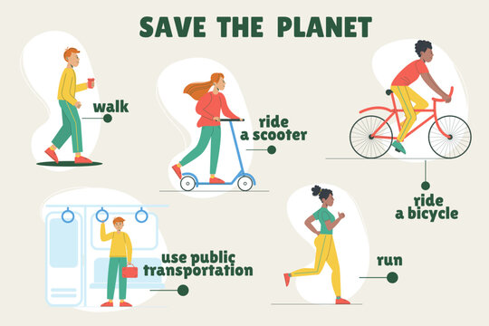 Infographic Save our planet. Refusal of personal transportation, cars.  World Health Day. Ecology.