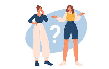 Women thinking about question. People making difficult choice. Dilemma concept. Flat vector illustration