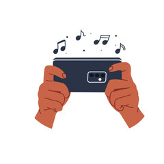 Phone in hand. Scrolling, information search, social networks. Flat vector illustration