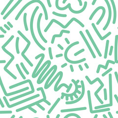 Fun mint line doodle seamless pattern. Creative minimalist style art background for children or trendy design with basic shapes. Simple childish scribble backdrop.