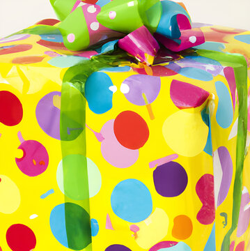 Pretty birthday gift wrapped in yellow paper with balloon  of various colors and tied with ribbon and bow
