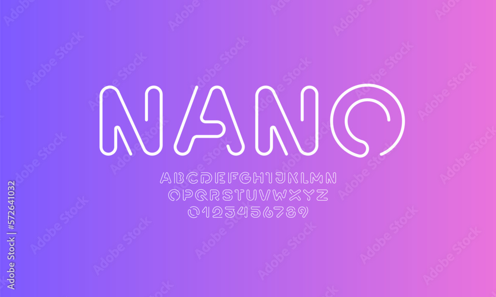 Poster digital style alphabet, font from thin rounded line, minimal style letters and numbers, part three, 