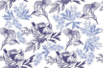 Floral background with vintage flowers and birds. Vector botanical illustration. Pattern, banner.