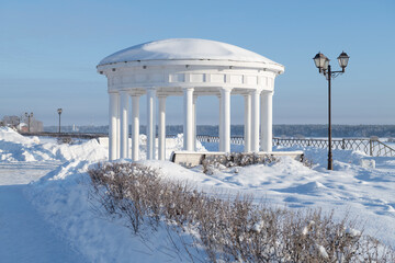 A rotunda  on Volga embankment in a cityscape on a frosty January day. Myshkin. Yaroslavl region, Russia