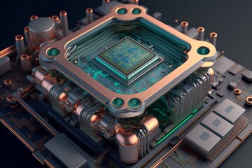 Generative AI illustration of macro shot of cyberspace board with computer motherboard and Central Processing Unit CPU