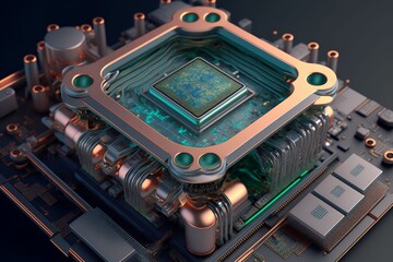 Fototapeta premium Generative AI illustration of macro shot of cyberspace board with computer motherboard and Central Processing Unit CPU