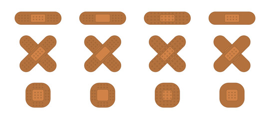Set of adhesive plaster bandage elastic. Medical patches for medium dark skin. Isolated vector and PNG illustration on transparent background.