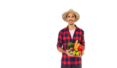 Farmer black man with hat and gloves holding a basket of vegetables isolated